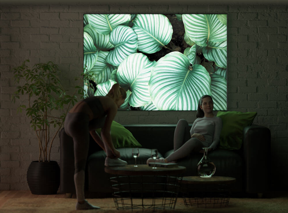 Wohnzimmer mit zwei Frauen, Couch, Tisch und Pflanze, an Wand Pixlip Poster